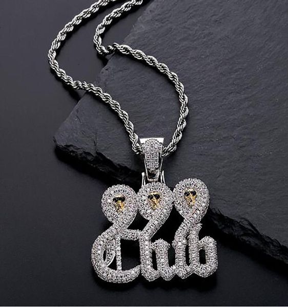 Weißgoldschädel 999 Club -Anhänger Halskette mit 60 cm Seilkette Halskette Hochwertige Kubikzirkonia Hip Hop Jewelry6067972