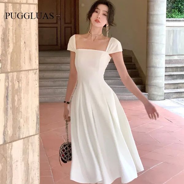 French Elegant Women White Wedding Party Dress Vintage Square Collar Robe Dress Drendice Black Evening Vestido 240418