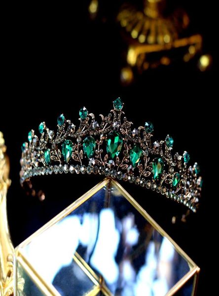 BAROQUE VINTAGE GOLL BLAT GREEN CRISTAL CRISTAL Tiaras Crowns PROM PROM PROM SHINESTONE VEIL Tiara Helveds Hair Jewelry Y21857412
