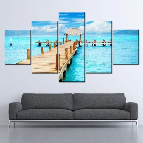 Ponte in legno da 5 pezzi Seascape Tela Painting Cancun Paesaggio Poster e stampe per il soggiorno Decorazioni per la casa Arte della parete