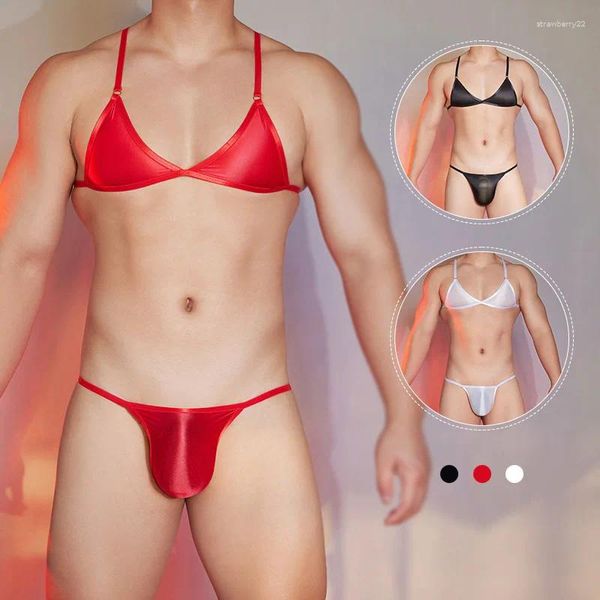 Bras sets sexy veja através de homens brilhantes de 2 peças roupas de cetim suti