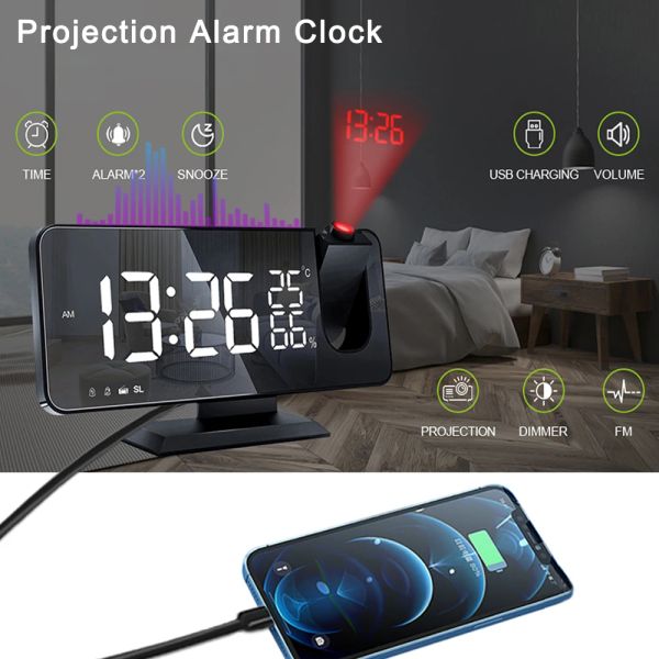 Orologio LED Digital Proiection Dress Clock per proiezione camera da letto sul soffitto FM FM USB Caricatore del telefono USB Proiettore Dual Loud Orologio