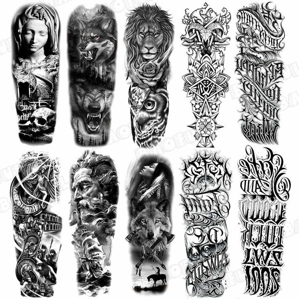 Tatuagem transferência de braço de braço tatuagens temporárias para homens homens realistas lobo leão rosette war maori flor falsa tatuagem adesivos sexy coxa tatoos 240427