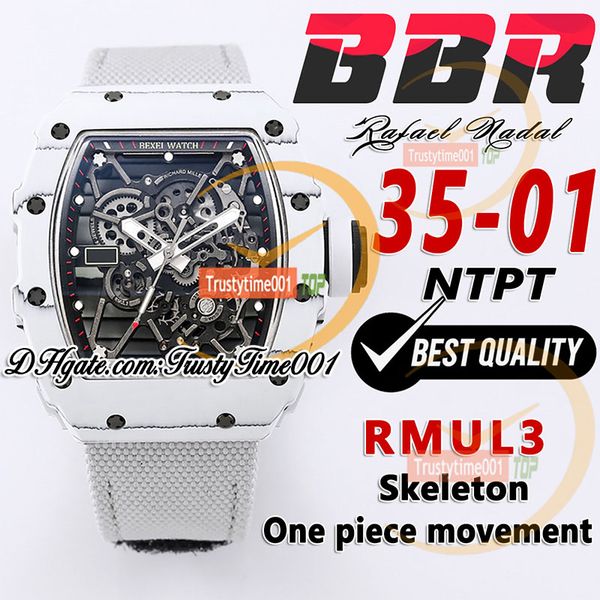BBR 35-01 RMUL3 Mechanische Handwinding-Herren Watch White NTPT Carbon Fasergehäuse Skelett Zifferblatt grau geflochten