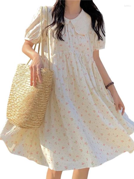 Vestidos de festa verão vestido de doce menina francesa padrão floral colarinho de bebê curto de manga curta