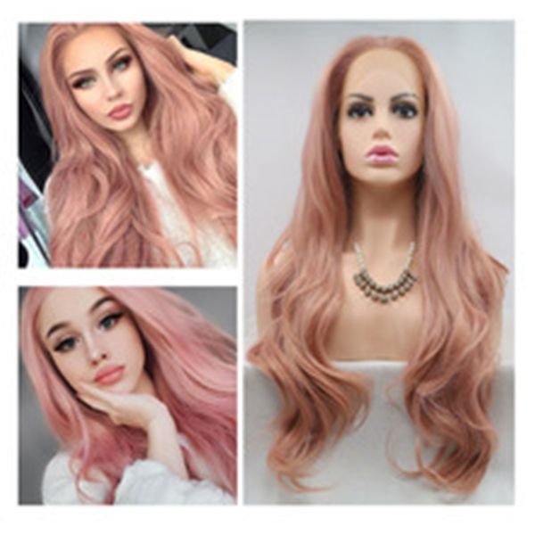 Pink Big Wavy gemischte Farbe vordere Spitze Perücke Chemische Faser Hochtemperatur Draht Spitze Chemische Faserperücke Frauen langes Haar Kopfbedeckung lockiges Haar