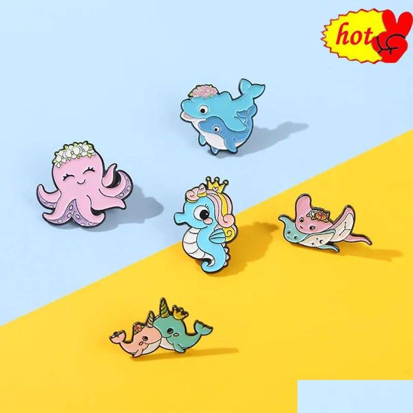 Anhänger Lapel Pins Karton Seahorse Whale Oktopus Broschen für Frauen Metalllegierung Tierhund Hund Broschen Juwelierbeutel Fashi Dhwvvvvvvvvv