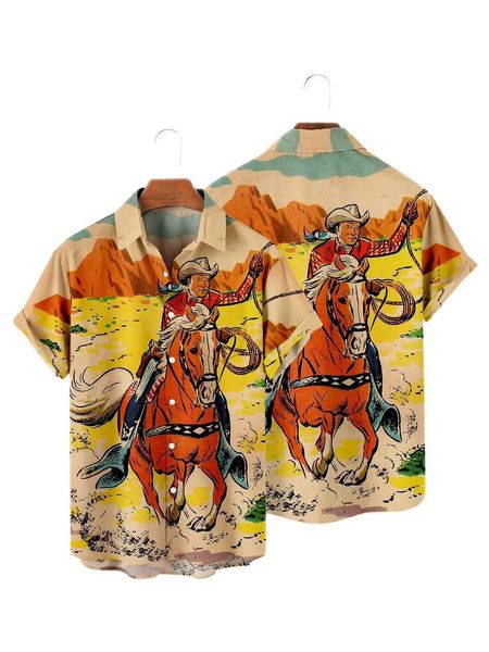 Camisas casuais masculinas Hawaiian Cowboy Mens Camisa Cool 3D Impressão digital Plus Tamanho Oeste da América Mens topo com bolso Vintage Summer Outerwear 240424