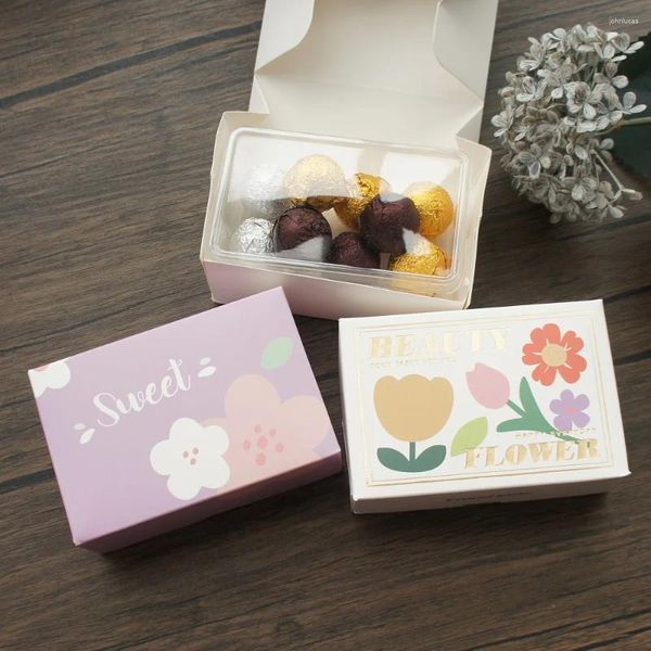 Geschenkverpackung 10pcs lila Blütenmilch weiß gelbe Papierbox mit Plastik Seifen Kerzenkeks Candy Tiramisu kleine Verpackung
