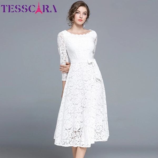 Tesscara Women Spring Elegant Long White Lace Dress Abito femminile Cocktail Party Designer vintage di alta qualità Vestidos 240424