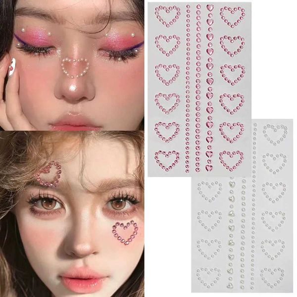 Tattoo Transfer 3D Face Jewelry Crystal Diamond Tattoo Stickers Diy Mulheres Olhos Facos Corpo Coração Pérola Pérola Strasss 3D Arte da maquiagem estágio 240426