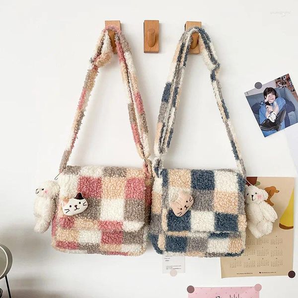 Totes Bolsa de compradores de pelúcia feminina vintage fofo fofo de estilo de mensageiro de estilo coreano de estilo coreano ombro para mulheres para mulheres 2024