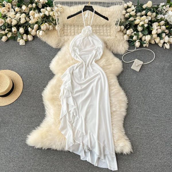 Vestidos casuais férias férias vestido de pescoço de flor 3d branco para feminino Sexy de alta qualidade de alta qualidade