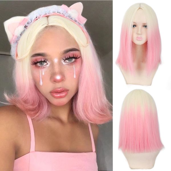 Wigs Houyan Synthetic Long Drive Hair Women Golden Gradient Pink Bangsfree Wig Cosplay Lolita Heatresistant Party Wig