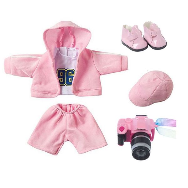 Hot Selling 4 peças de acessórios de boneca para bonecas de garotas americanas em massa, Meiwa Pink Hoodie Conjunto+sapatos rosa+câmera rosa de 18 polegadas de jogo de bricolage infantil