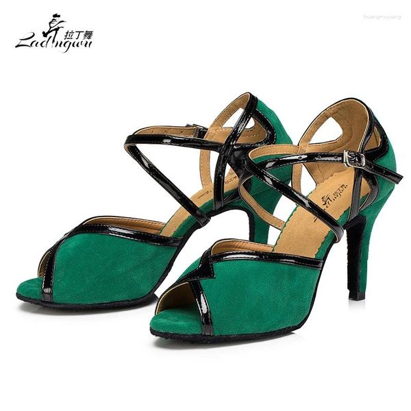 Sapatos de dança Ladingwu Green/Black Flannel Bottom Sandálias Mulheres Salsa Lady Lady Ballroom Waltz Performance