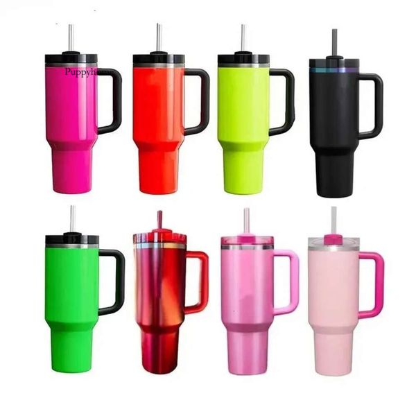 Camelia Pink Parade Chroma H2.0 40 Unzen Edelstahl Tumblers Tassen mit Silikongriff Deckel Strohweg Fahrtwagen Neon Weiß Black Pink Water Flaschen US Stock 0426