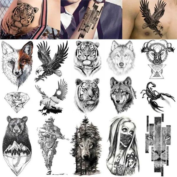 Tatuagem Transferência de Tigre Tattoos temporários Animais Soldado de braçadeira corporal Tattoo Fake Tattoo Scorpion Wolf Deer Elk Eagle Bear Decalques de Tatoo de Tatoo 240427