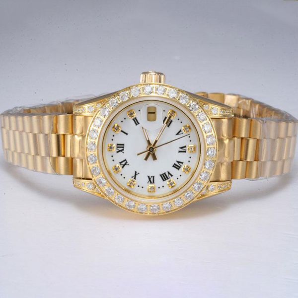 Women Diamond Watch Automatic Full Gold mit Diamond Lünette weiße Zifferblatt Dame Größe Gold Lady Uhren 26 -mm Designer Frauen Uhren Full Diamond Lünette Diamantmarkierung