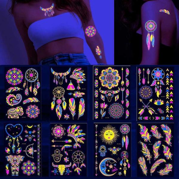 Передача татуировки светящиеся временные татуировки наклейки на флуоресцентный неоон в темной освещении тату