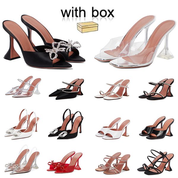 Amina muaddi Kristall Strass und Bowtie Mules Sandalen Peep Zehen Amina Muaddi Absatz klare Leder -Sohle -Dias Frauen Luxusdesigner Abendkleidschuhe mit Schachtel