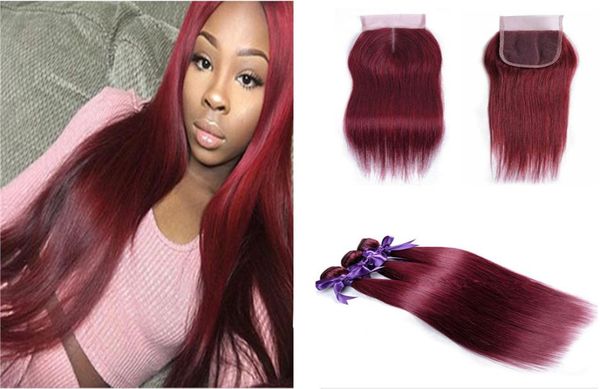 99J Weave Human Hair con chiusura in pizzo Borgogna dritta capelli vergini brasiliani 3 bundle con chiusura in pizzo vino seta rossa dritta 3783971