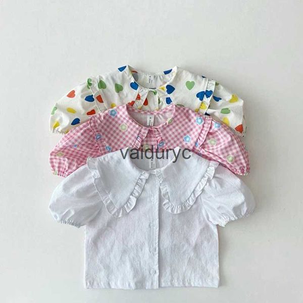 Camicie per bambini blusa bavagliolabolo semplice cotone maniche corta dolce amore fiori plaid flowers girl tops tops toddlers tee h240426