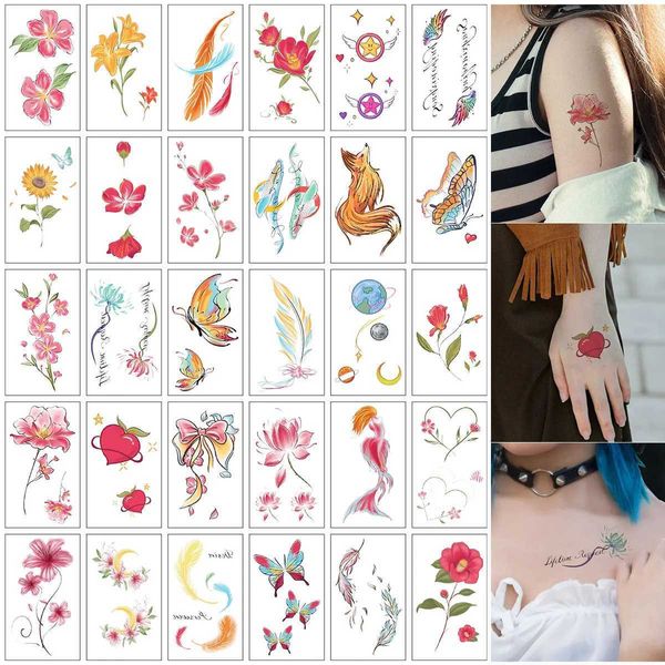 Tattoo Transfer 30 -bysets temporäres Tattoo Stickerscute Butterfly Fox Mermaid Blume Bowknot Federmuster gefälschter Tattoo Aufkleber 240426