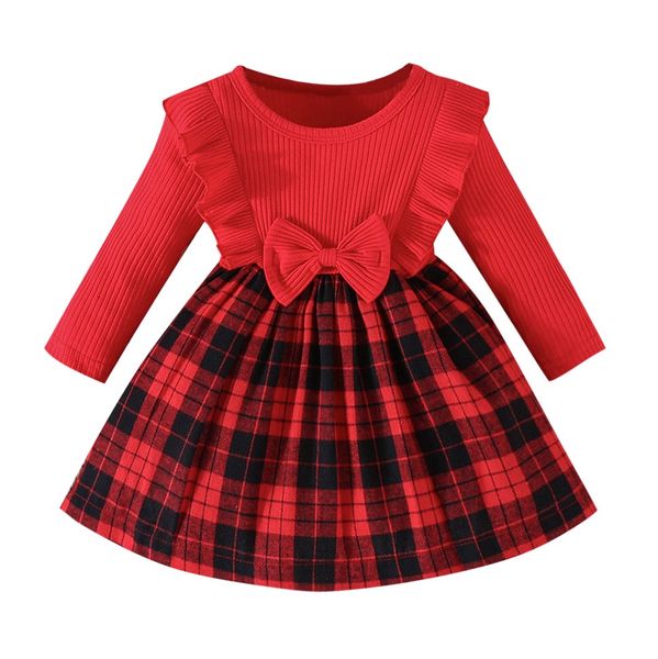 Designer Baby Girls Baby Plaid Langarm Kleid Kleid Bogen Weihnachtsrock-Grube Strip A-Line-Kleid