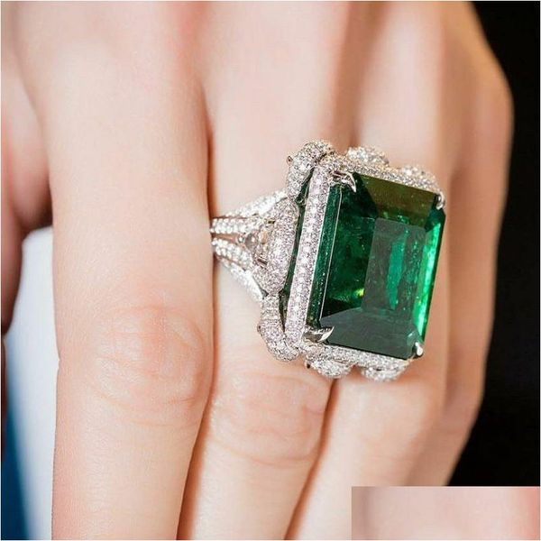 Anéis de casamento Jóias de luxo feitas à mão 925 Serling Sier enchimento grande princesa cortada Emerald Pave CZ Diamond Parrt Promise Mulheres Engageme Dhs8q