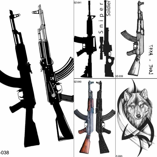 Tattoo Transfer Fanrui Sexy Waffe AK47 AK Temporäre Tattoos Männer Arm Schlachtfelder Pubg Art Weapon Tattoos Aufkleber Frauen wasserdichte Tatoos 240426