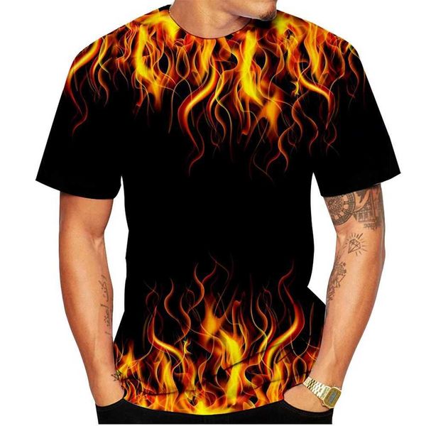 Camisetas masculinas 2023 homens mulheres camiseta de chama legal 3d fogueira de fogo casual pullover engraçado unissex tops tops t240425