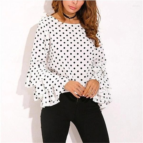 Bloups feminina camisa trompete em camadas plus size women v pescoço bolinhas tops de manga comprida Blusa solta senhoras