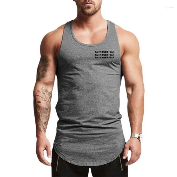 Tanques masculinos tampa de fé sobre o medo impressão de ginástica mangas camisa treino masculino musculação de roupas de fitnesswear muscle singlet de roupas esportivas