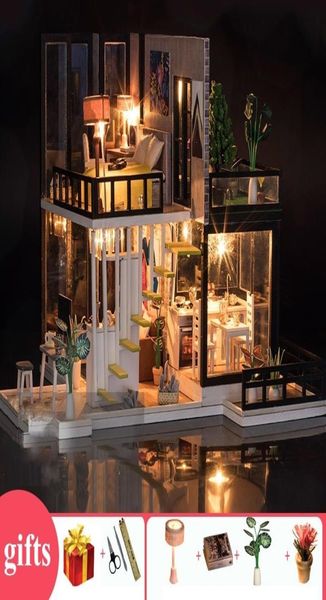 DIY Big Doll House Деревянный кукольный домики кухня миниатюрная вилла в кукольный домик Kast Furniture Kit Travaux Manuels Aluulte Oyuncak EV Y20046491507