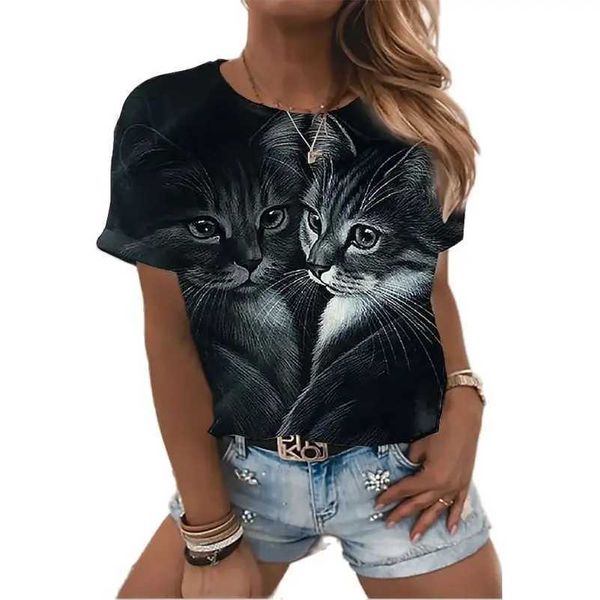 T-shirt da donna maglietta da donna camicetta Fashion Short Slve Shirt per donna stampa 3D Cat Stampa nera Kawaii maglietta femminile femminile estate oversize Top T240425