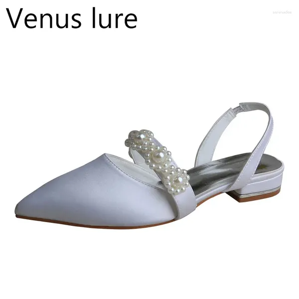 Lues de sapatos de vestido de ponta pontiaguda para mulheres tira de pérola cor de cor branca slingback de noiva