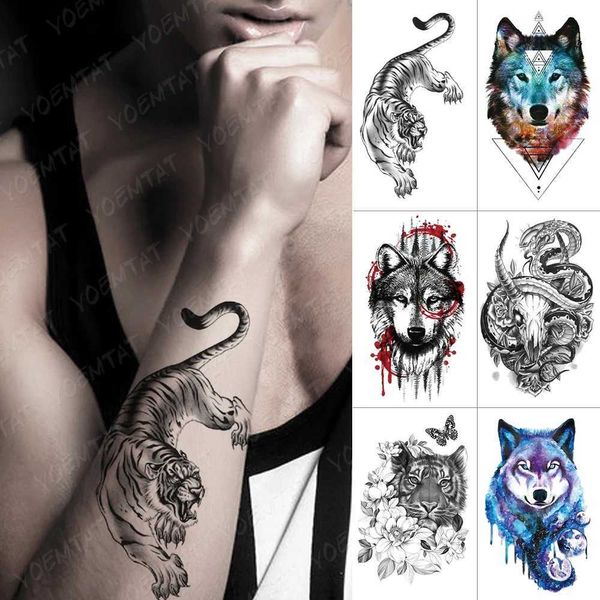 Tattoo Transfer Animal wasserdichte temporäre Tatto -Aufkleber Tiger Wolf Schlange Schädel Rose Glitzer Körperkunst Übertragung gefälschte Tattoo Männer Frauen Tattoos 240427