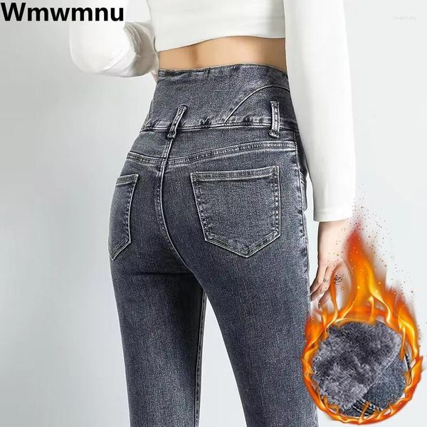 Jeans femininos engrossaram o lã de lã de pelúcia de inverno forrado lápis magro quente calça de jeans de cintura alta da cintura