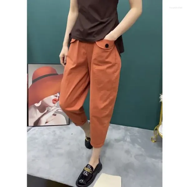 Calça feminina chegando verão em estilo coreano mulheres soltas elástica casual cintura no tornozelo, design de bolso com tudo de pares harém w370