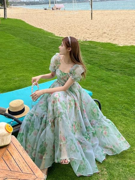 Abiti per feste Vintage Floral Evening Midi Maxi per donne Elegante Promerve Casual Prime Green Holiday Fairy Long Dress Summer 2024