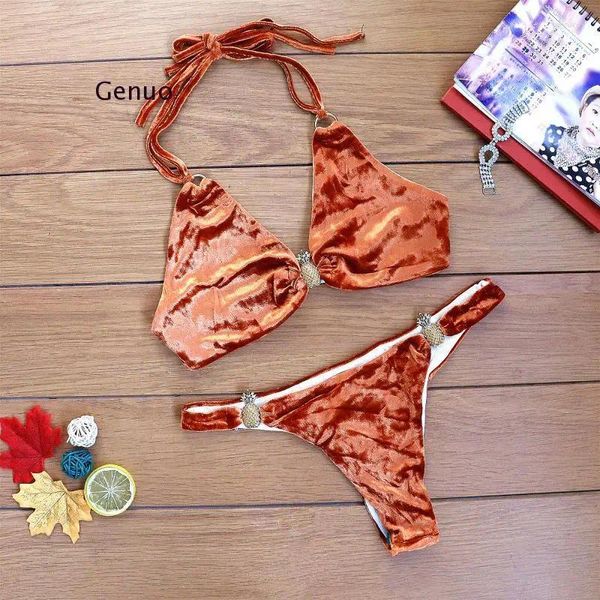 Frauen Badebekleidung 2024 Design Gold Samt mit Kristall Diamond Metall Dekoration Bikini Schwimmbadeanzüge Maillot de Bain Badeanzug