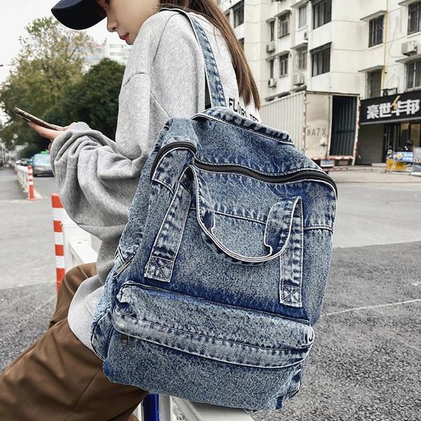 Sırt çantası 2024 Denim Kadın Retro Seyahat Çakası Büyük Kapasite Backbag College Öğrenci Okul Çantaları Genç Kızlar Rugtas