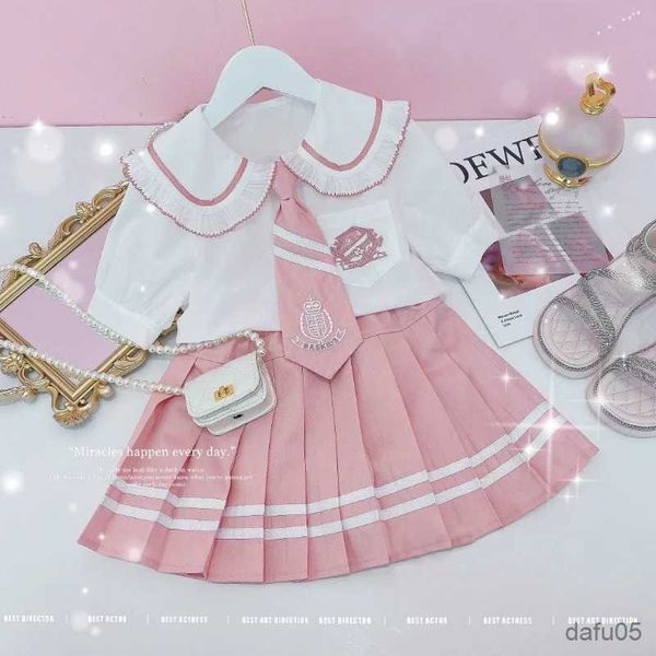 Одежда Summers Summer Girls Clothing College Style For Cust Girl Рубашка с коротким рукавом + плиссированная юбка + галстук 3pcs Sets Kid