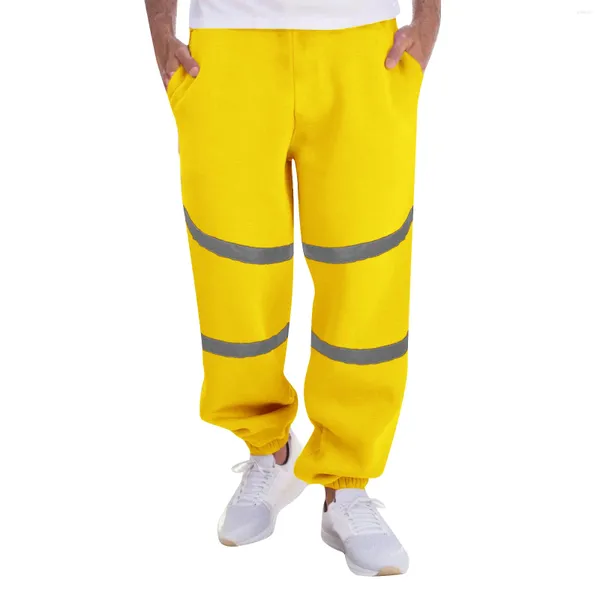 Calças masculinas Casual amarelo listrado Sanitário solto com listras e leggings refletivos esportes 2024