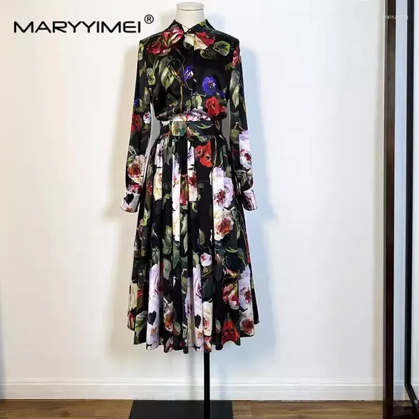 Рабочие платья Maryimei Fashion Women's Women's 2024 Spring Silk Rose Print