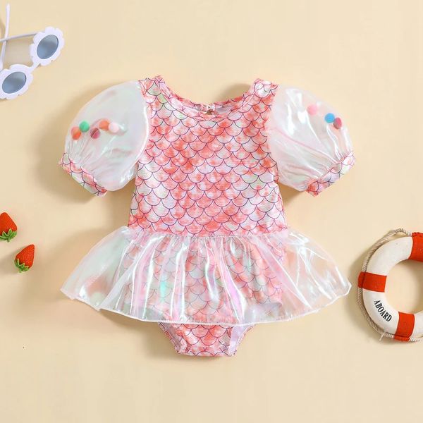 05y Çocuk Mayo Kızlar Denizkızı Bikini Romper Puff Kısa Kollu Bebek Mayolar Çocuklar Yemeli Takım Takım Toddler Beachwear 240409