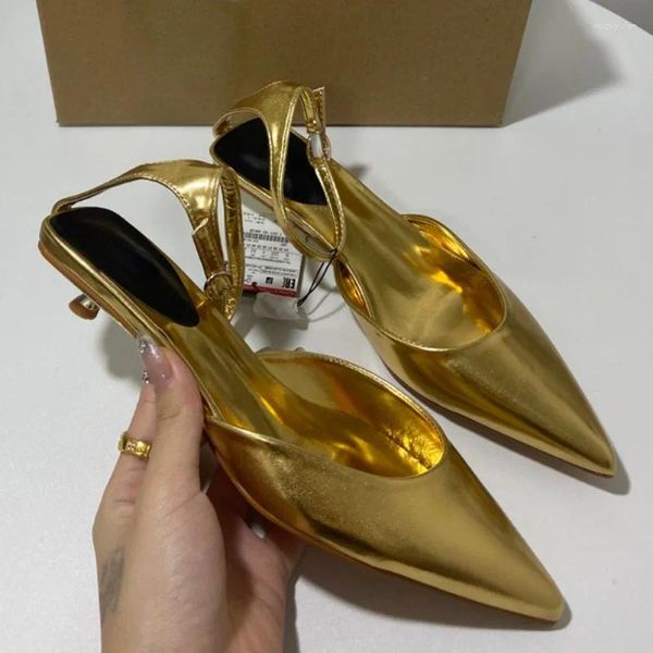 Scarpe eleganti sandali a tacco basso donna donna estiva oro alla moda oro puntato marchio di punta del marchio feste di ballo slingbacks ufficio da donna ledies