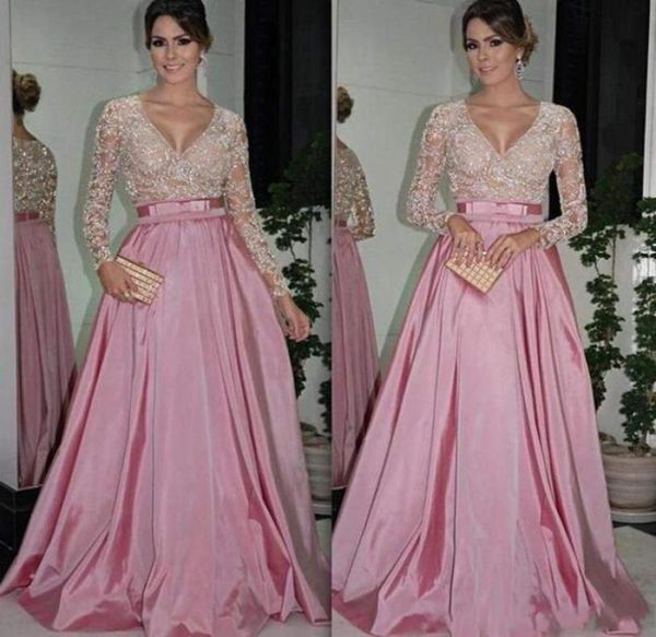 Designer 2019 Vestidos sexy de noite com apliques de renda com mangas Vestidos de baile de miçangas TAFFETA DOM