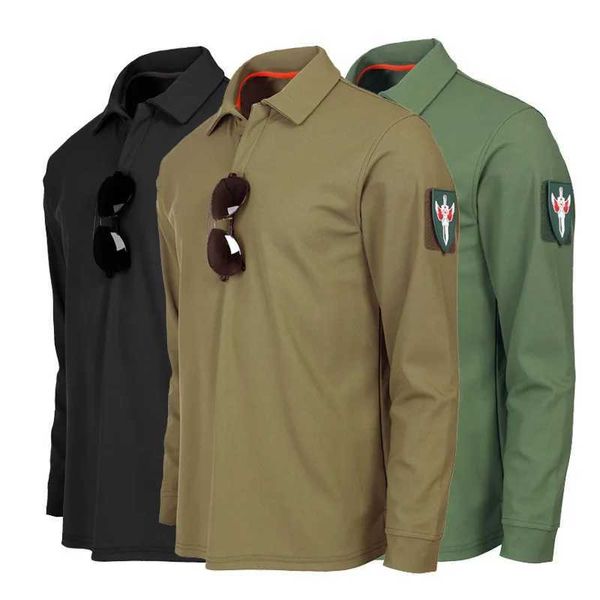 Camisetas táticas Mens 100% Camisa de manga longa de poliéster Summer Secy Secy Solid Military Green Square Neck Camise